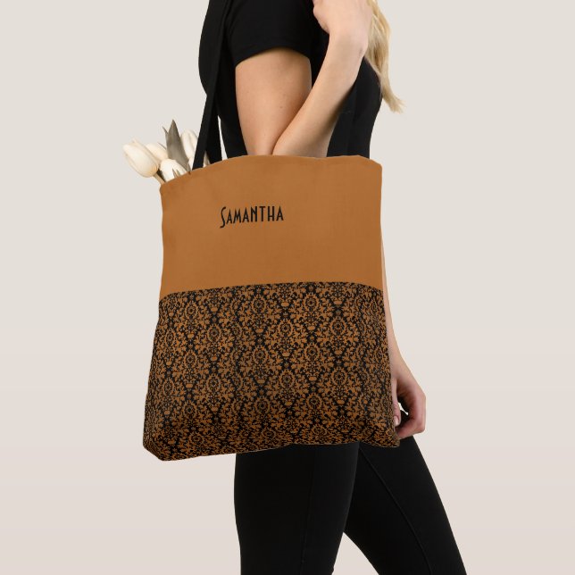 Distressed Victorian Orange Black Damask Name Tote Bag (Close Up)