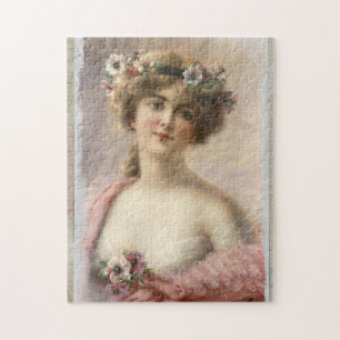 Distressed Victorian Woman w/Flowers on Watercolor Jigsaw Puzzle