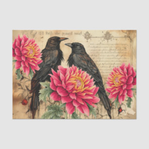 Distressed Vintage Inspired Pink Flowers & Ravens Tissue Paper