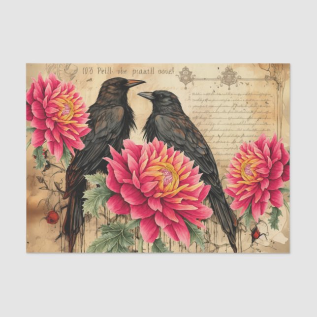 Distressed Vintage Inspired Pink Flowers & Ravens Tissue Paper (Front)