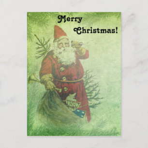 Distressed Vintage Santa Claus Evergreen Boughs Postcard