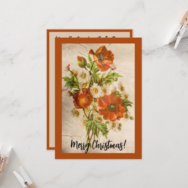 Distressed Vintage Victorian Botanical Red Poppy Card (Front/Back In Situ)