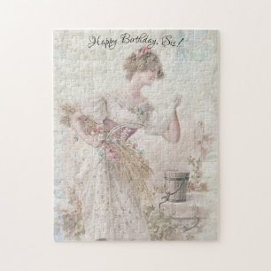 Distressed Vintage Woman Gathering Flowers Grain Jigsaw Puzzle