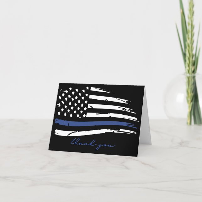 Distressed Watercolor Police Thin Blue Line Thank You Card (Front)