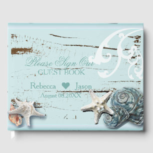 Distressed Wood Beach Blue seashell wedding Guest Book