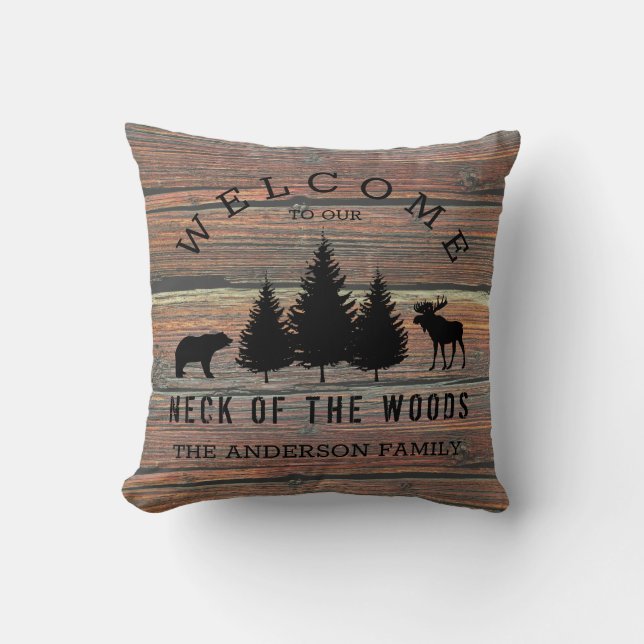 Distressed Wood Cosy Cabin Welcome Family Name Thr Cushion (Front)
