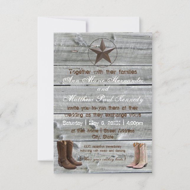 Distressed Wood Cowboy Boots-3x5Wedding Invitation (Front)
