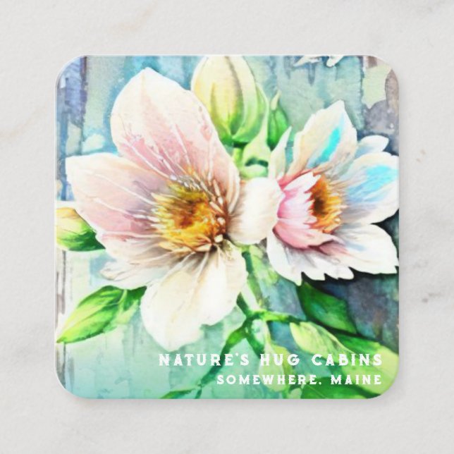 *~*  Distressed Wood QR AP49 Flowers Pastel Square Business Card (Front)