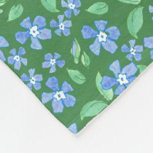 Ditsy Bright Blue Periwinkles on Green Floral Fleece Blanket