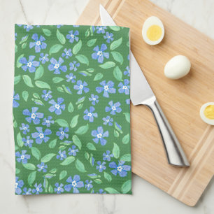 Ditsy Bright Blue Periwinkles on Green Floral Tea Towel