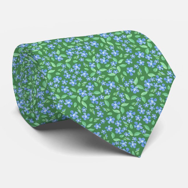 Ditsy Bright Blue Periwinkles on Green Floral Tie (Rolled)