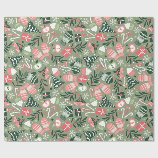 Ditsy Christmas, Sage Wrapping Paper (Flat)