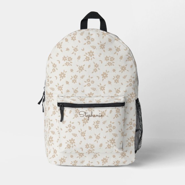 Ditsy Floral Boho Botanical Neutral Cream Name Printed Backpack (Front)
