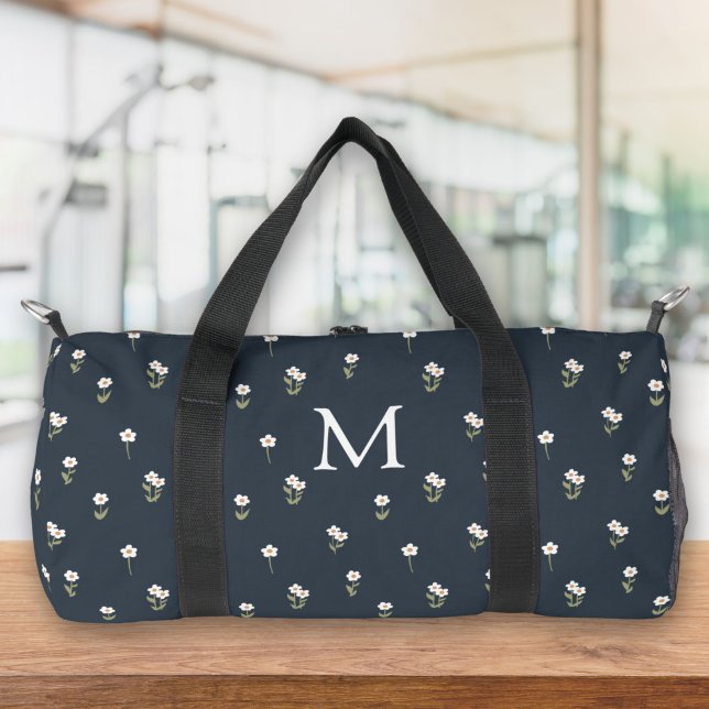 Ditsy Floral Boho Wildflower Dark Blue Monogram Duffle Bag (Creator Uploaded)