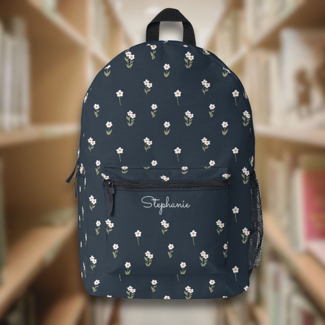 Ditsy Floral Boho Wildflower Dark Blue Name Printed Backpack (Creator Uploaded)