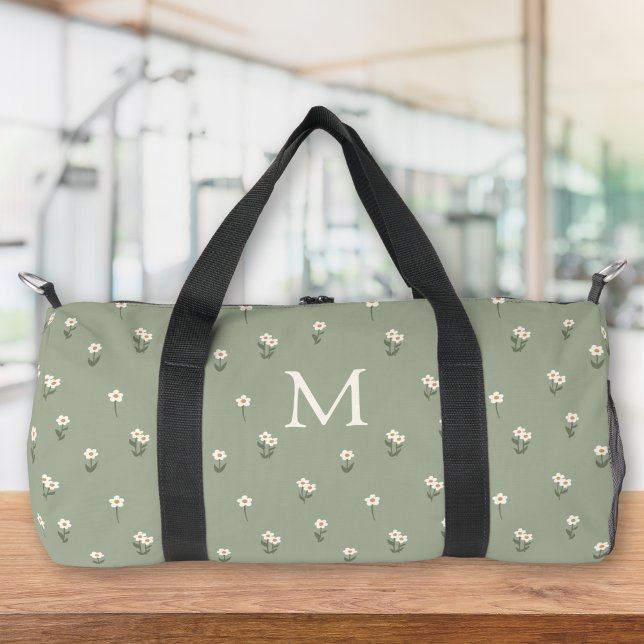 Ditsy Floral Boho Wildflower Sage Green Monogram Duffle Bag (Creator Uploaded)
