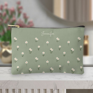 Ditsy Floral Boho Wildflower Sage Green Name Accessory Pouch