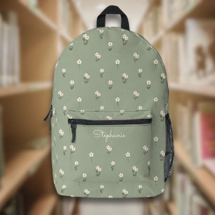 Ditsy Floral Boho Wildflower Sage Green Name Printed Backpack