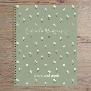 Ditsy Floral Boho Wildflower Sage Green Name Text Notebook
