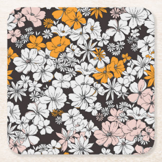 Ditsy Floral: Colourful Dark Background. Square Paper Coaster
