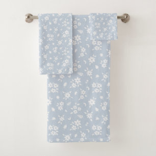 Ditsy Floral Pattern Coastal Cottagecore Pale Blue Bath Towel Set