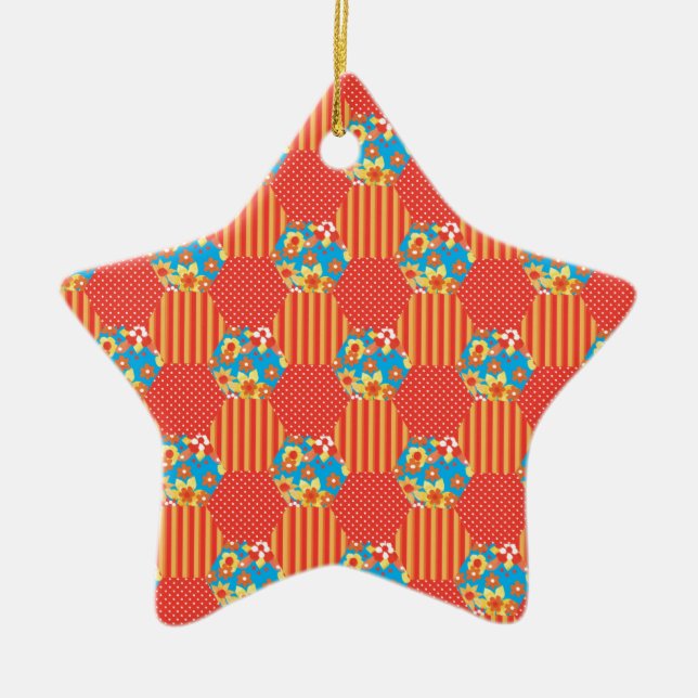 Ditsy Floral, Stripes, Polka Dots Patchwork Ceramic Tree Decoration (Front)