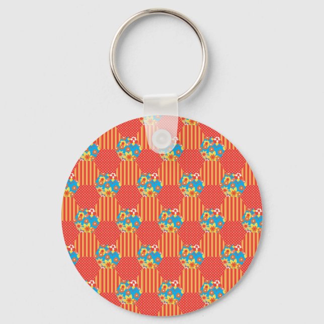 Ditsy Floral, Stripes, Polka Dots Patchwork Key Ring (Front)