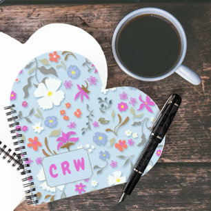 Ditsy Pop Floral Art Monogrammed Heart Shape Notebook