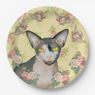 Ditzy Floral Sphynx Cat Dove Party Paper Plate