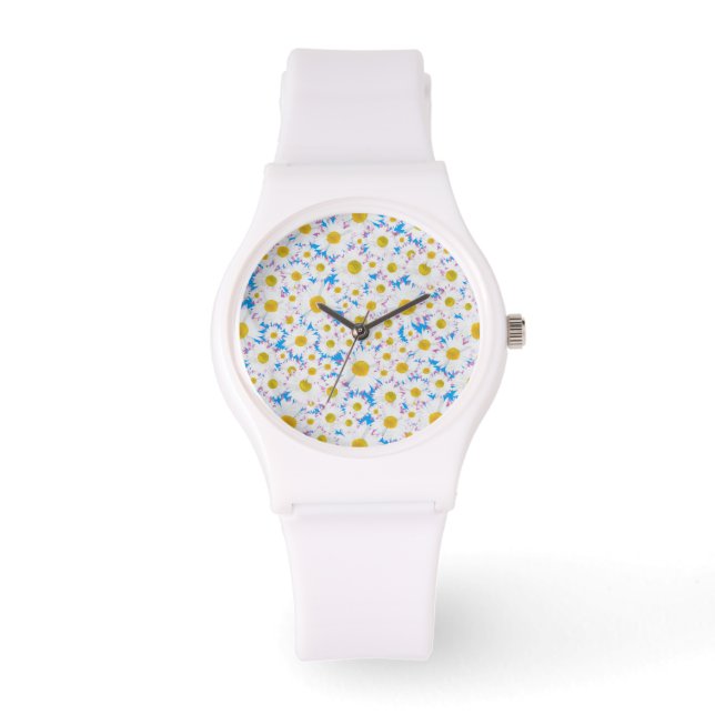 Ditzy White Daisies on Blue Custom Sporty Watch (Front)