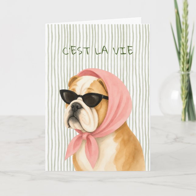 Diva Bulldog Watercolor Greeting Card (Front)