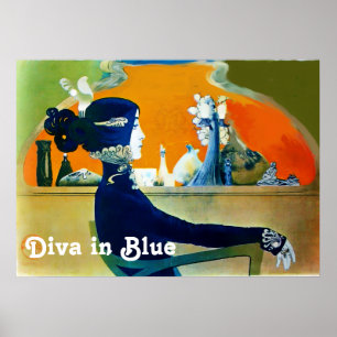 DIVA IN BLUE / Beauty,Hair,Fashion Art Nouveau Poster