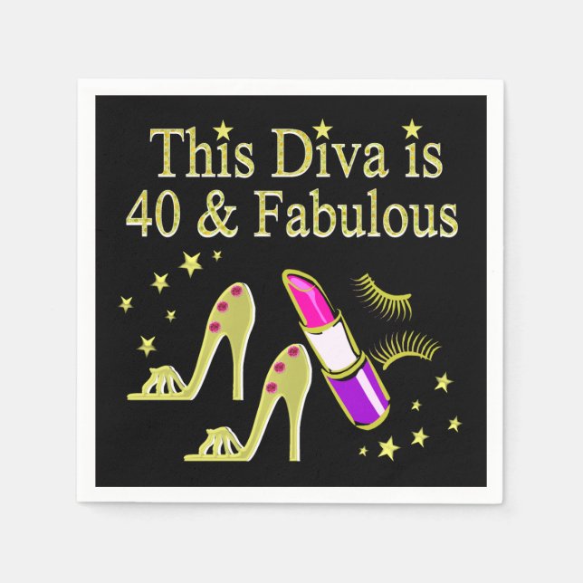 DIVA IS 40 AND FABULOUS GOLD HIGH HEEL DESIGN NAPKIN (Front)