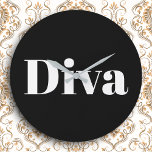 Diva Opera Singer Glam Music Themed Black White Large Clock<br><div class="desc">Keep in time, stay on cue and add a glamourous touch to your wall with this bold clock, which features the word Diva in white on black. Sure to hit the right note with music lovers, this eye-catching timepiece blends modern flair with its own striking star quality. Ideal for studios,...</div>