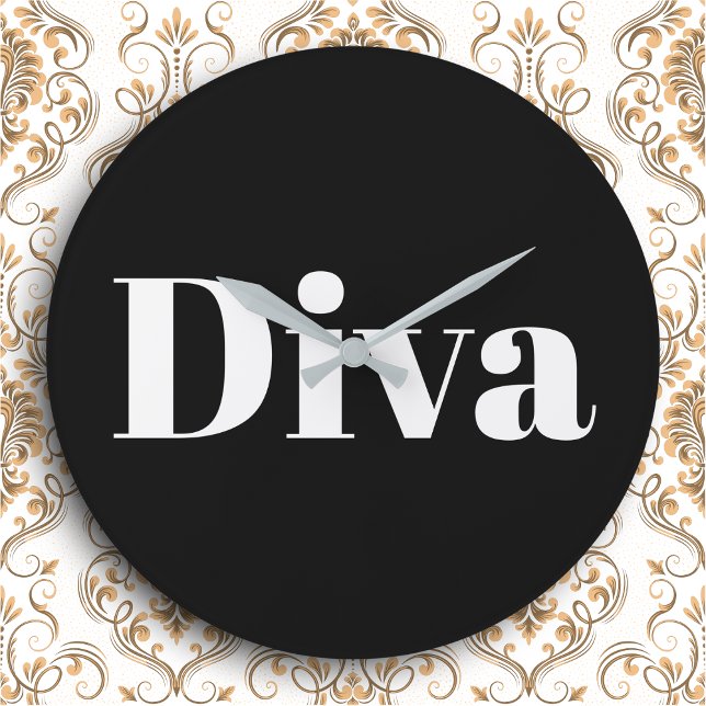 Diva Opera Singer Glam Music Themed Black White Large Clock (A stylish black wall clock featuring the word 'Diva' in large white lettering)