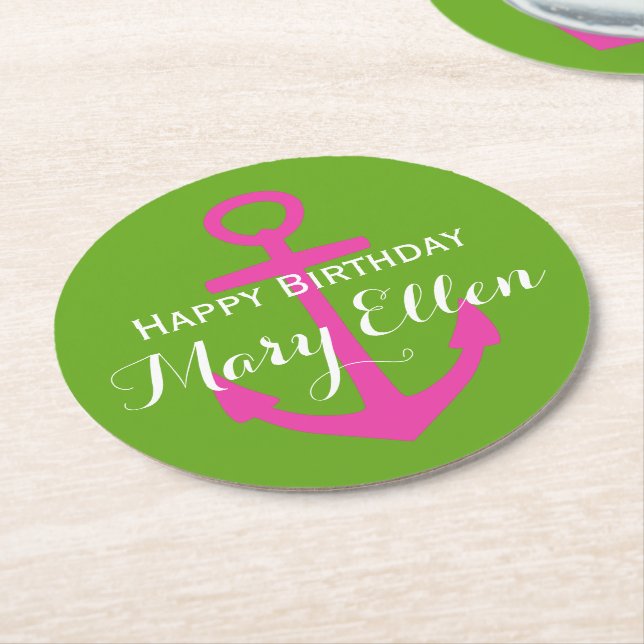 Diva Pink Anchor on Green Apple Personalised Round Paper Coaster (Angled)