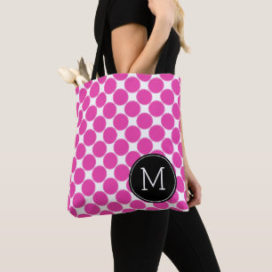 Diva Pink and White Polka Dots with Black Monogram Tote Bag