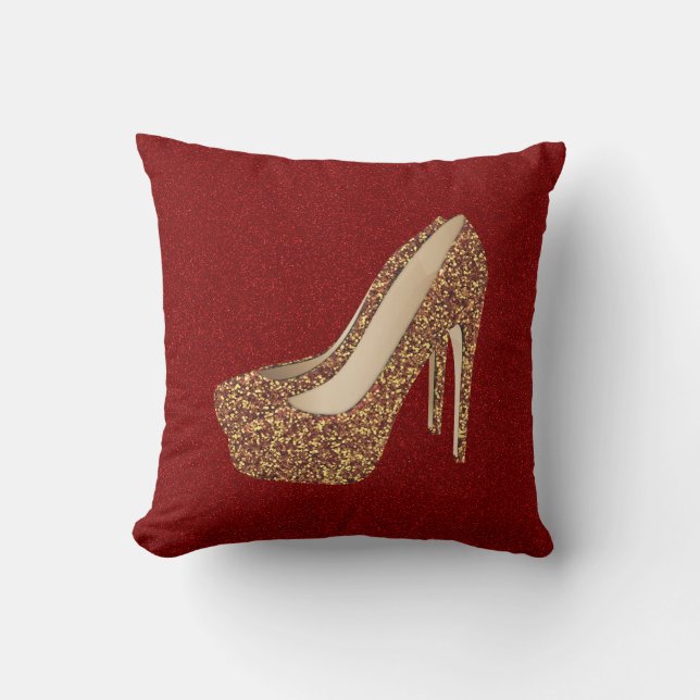 Diva Red Glitter Bling | Glam Gold High Heel Shoes Cushion (Front)