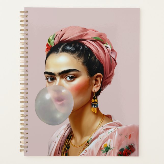 Diva with floral scarf blowing bubble gum  planner (Front)