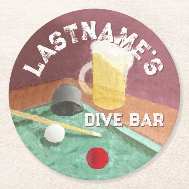 Dive Bar and Pool Table Custom Round Paper Coaster (Front)