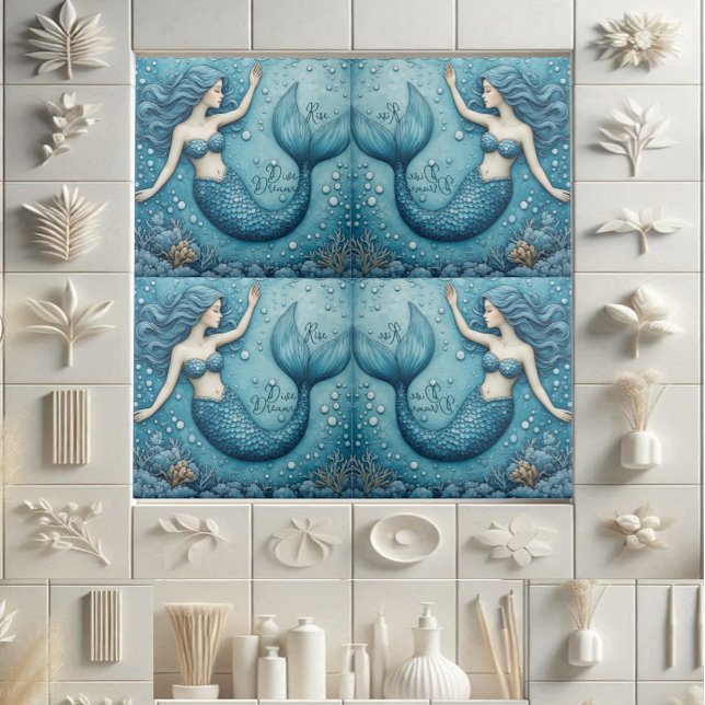Dive Dream Rise Ocean Mermaid Aqua blue Coral Reef Tile (Dive Dream Rise Ocean Mermaid Aqua blue Coral Reef Ceramic Tile)