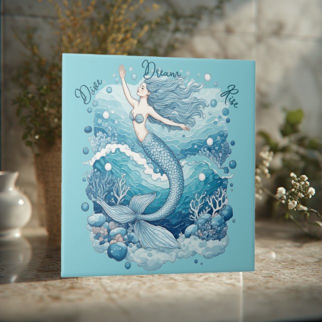 Dive Dream Rise Ocean Mermaid Aquablue Empowerment Tile (Dive Dream Rise Ocean Mermaid Aquablue Empowerment Ceramic Tile)