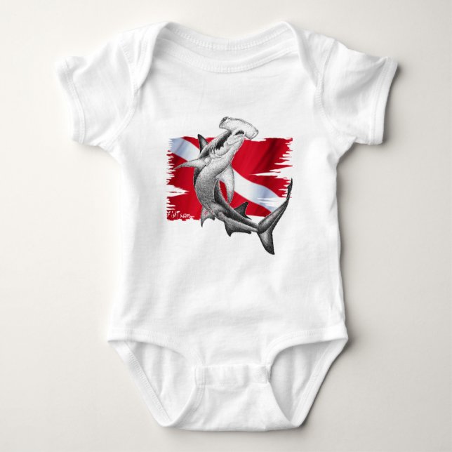 Dive flag with hammerhead shark-diver down baby bodysuit (Front)