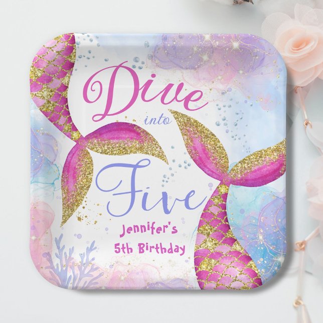 Dive in Five Girl Pink 5th Birthday Paper Plate (Creator Uploaded)