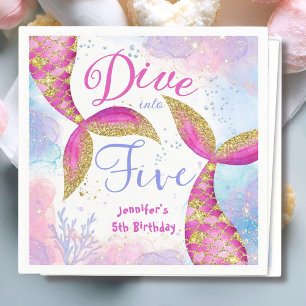 Dive in Five Girls Pink 5th Birthday Paper Napkin