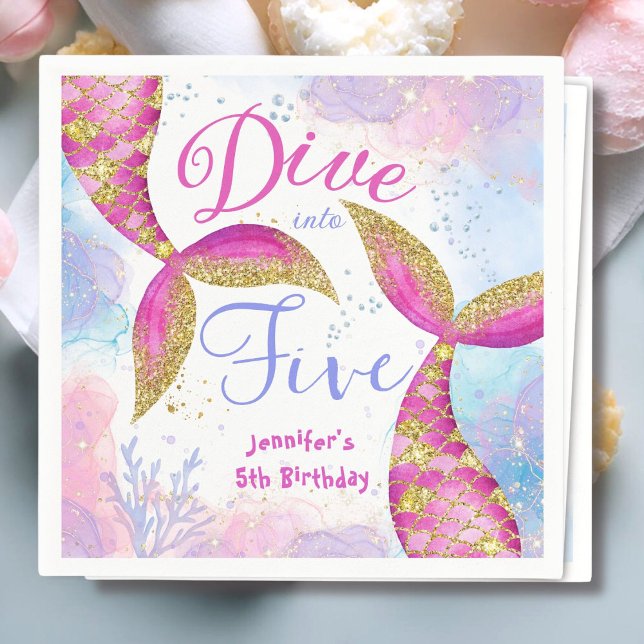 Dive in Five Girls Pink 5th Birthday Paper Napkin (Creator Uploaded)