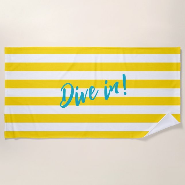 Dive In Fun Yellow and White Striped Pool Party Beach Towel (Front)