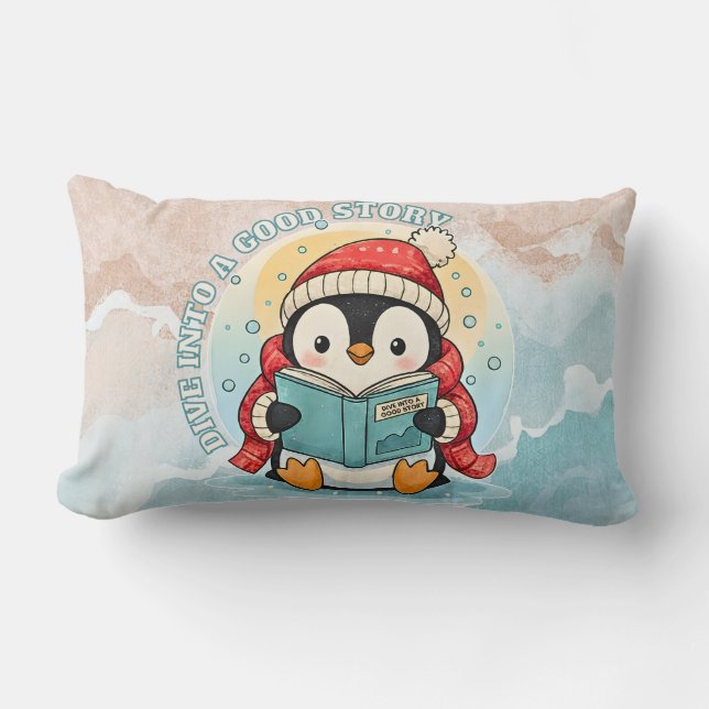 Dive Into A Good Story Cute Reading Penguin Pillow (Front)