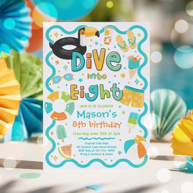 Dive Into Eight Summer Pool Party 8th Birthday Invitation (Creator Uploaded)