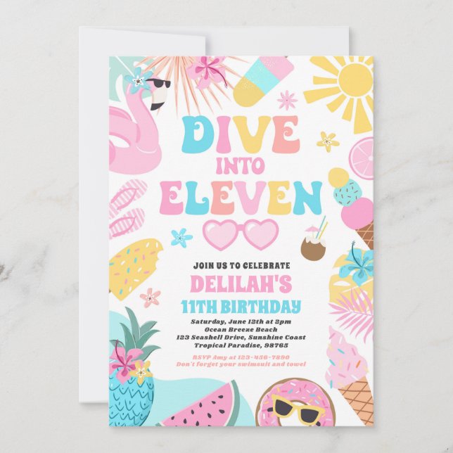 Dive Into Eleven Tropical Beach 11th Birthday  Invitation (Front)